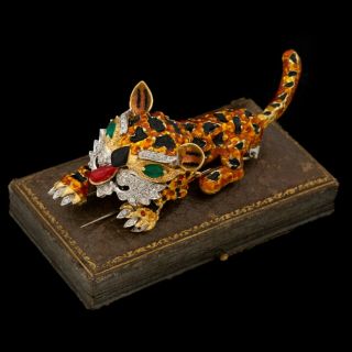 Antique Vintage Deco Retro 18k Gold Diamond Colombian Emerald Panther Pin Brooch