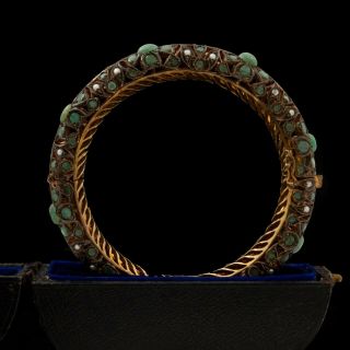 Antique Vintage Nouveau 14k Gold Mughal Colombian Emerald Pearl Wedding Bracelet