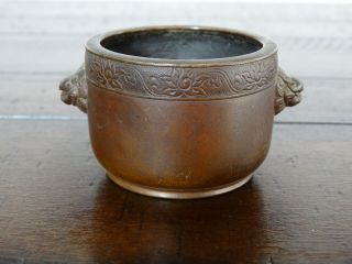 Small Antique Chinese Bronze Incense Burner Or Censer Mask Handle Xuantong Mark