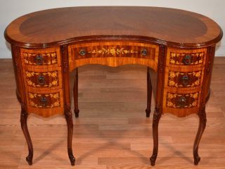 1910s Antique French Louis Xv Walnut Satinwood Inlaid Kidney Shape Vanity / Desk