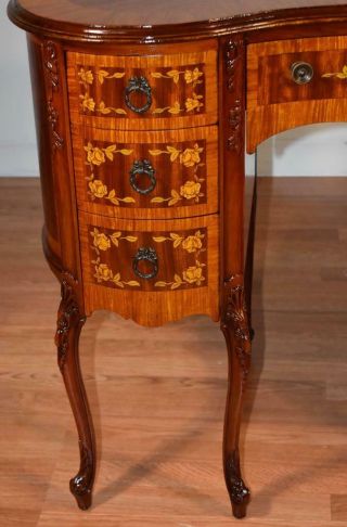 1910s Antique French Louis XV Walnut Satinwood inlaid Kidney shape Vanity / desk 6