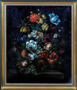 18th Century Dutch School Still Life Of Flowers In A Vase Antique Painting