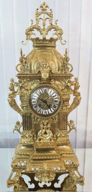 Stunning Xxl Antique French 1880 Rococo Gilt Bronze Bell Striking Mantle Clock