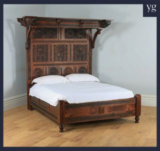 Tudor Style 5ft King Size Solid Teak & Oak Carved Bedroom Half Tester Bed