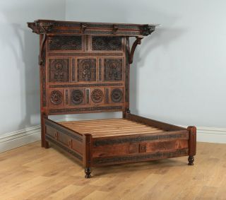Tudor Style 5ft King Size Solid Teak & Oak Carved Bedroom Half Tester Bed 2