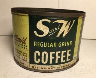 Vintage S & W Coffee Tin Can 1 Pound Empty,  Green,  No Lid Rusty Scratches Patina