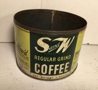 Vintage S & W COFFEE TIN CAN 1 Pound empty,  Green,  NO LID Rusty Scratches Patina 2