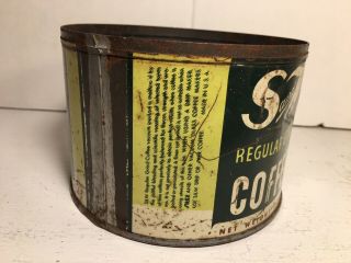 Vintage S & W COFFEE TIN CAN 1 Pound empty,  Green,  NO LID Rusty Scratches Patina 3