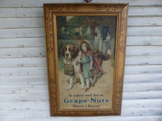 Large 1917 Antique Advertising Sign Grape Nuts Self Framing Tin Litho