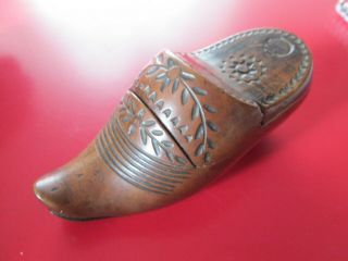 Antique Georgian - Hand Carved Wood Shoe - Snuff Box - Has Trick To Open