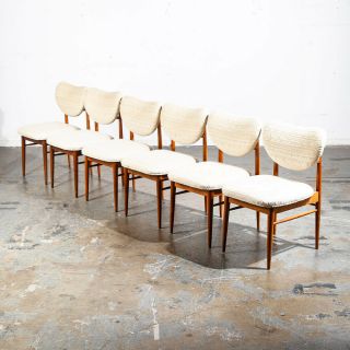 Mid Century Modern Dining Chairs Set 6 Brown Saltman Solid Walnut Wool White Mcm
