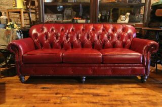 Vintage Chesterfield Sofa Tufted Red Leather Couch By Smith Brothers Furniture