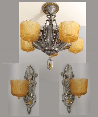 Antique Art Deco Slip Shade Ceiling Light Fixture Chandelier & Wall Sconces Set