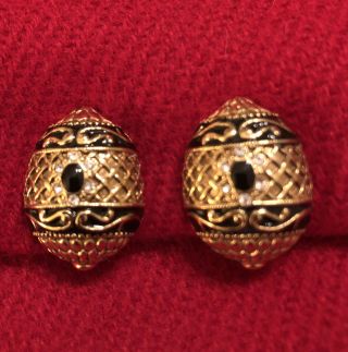 Vintage Joan Rivers Golden Black Enamel & Crystal Antique Russian Egg Earrings