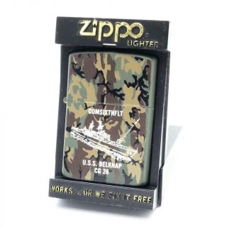 Vintage 1987 Zippo Lighter Camouflage Uss Belknap Cg 26 Comsixthflt - Mib