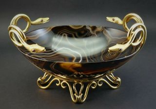 Antique 19thc French Empire Ormolu Gilt Bronze Banded Agate Bowl,  Snake Handles
