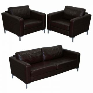 John Lewis Siren Aniline Brown Leather Suite Pair Armchairs Three Seater Sofa