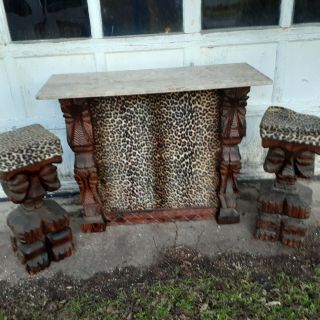 Witco Tiki Bar 2 Stools Retro Man Cave Carved Wood Sculptural Furniture Set