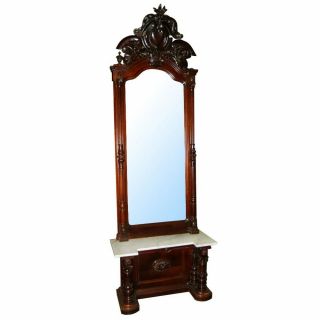 American Victorian Carved Walnut Marble Top Pier Mirror W/carved Crest 6450