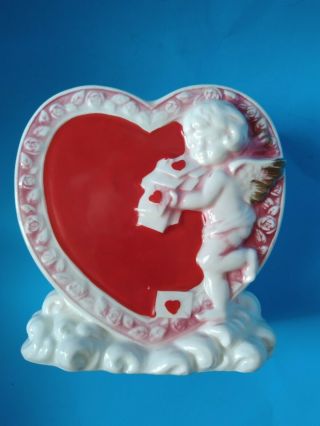 Vintage Valentines Day Ceramic Cupid Heart Planter Lefton - H6191