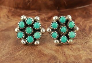 Vintage K Signed Native American Sterling Silver Turquoise Petit Point Earrings