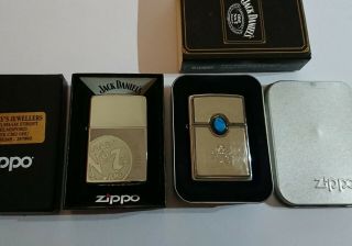 2 X Jack Daniels Zippo Lighters,  One Has A Turquoise Stone,  Circa 2004 & 2008