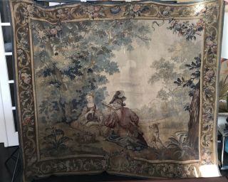 Lovely Antique 19th Century Wall Tapestry 83” X 73” Man Serenading Woman W Pipe