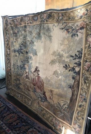 Lovely Antique 19th Century Wall Tapestry 83” x 73” Man Serenading Woman w Pipe 2
