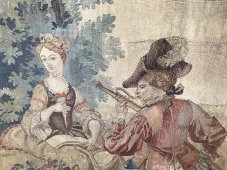Lovely Antique 19th Century Wall Tapestry 83” x 73” Man Serenading Woman w Pipe 3