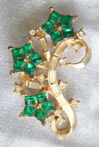 Fabulous Green & Crystal Rhinestone Gold - Tone Floral Brooch 1950s Vintage.  2 "
