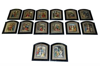 Religious Antique French Gothic Stations Of The Cross Complete Set Of 14