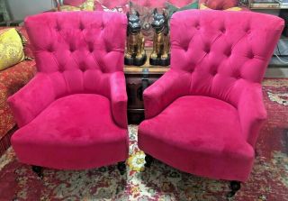 Pair Hollywood Regency Hot Pink Velvet Tufted Arm Chairs