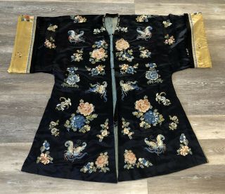 Large Antique (19th C) Chinese Silk Robe Hand Embroidered With Peking Knot N/r