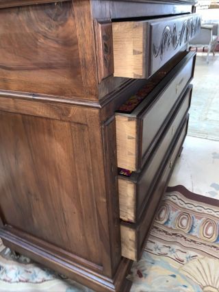 Antique French Carved Walnut Marble Top Commode Chest Of Drawers Cabinet 6