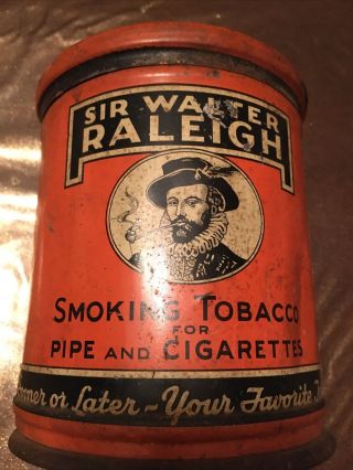 Vintage Red Round Sir Walter Raleigh Smoking Tobacco Tin Can With Tax Stamp