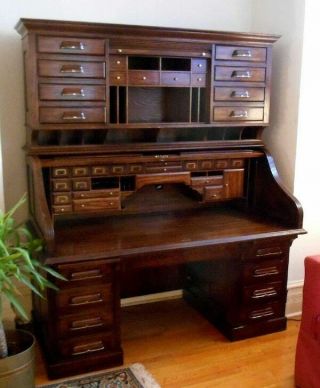 Vintage National Mt Airy Roll Top Desk W/ Hutch