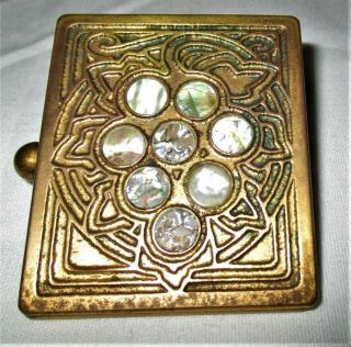 Antique Tiffany Studios Bronze Gold Abalone Disc Desk Art Note Clip Bill Holder