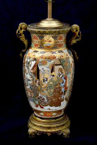 19th C.  Antique Japanese 15 Inch Satsuma Vase / Lamp with Gilded Ormolu Mounts 2