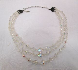 Vintage Triple Strand Graduated Bicone Ab Crystal Beads Necklace 17 "
