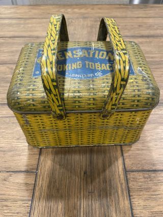 Antique Sensation Smoking Tobacco Picnic Basket Lunch Pail Tin With Handles