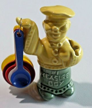 Vintage Ceramic 1 Measure Boy Spoon Cup Holder Chef Yellow Green 5 " Tall