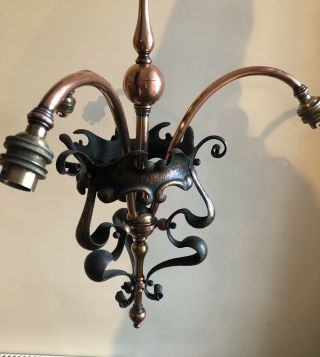 Art Nouveau Arts And Crafts Copper Three Arm Centre Light Lamp
