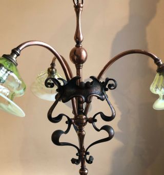 Art Nouveau Arts And Crafts Copper Three Arm Centre Light Lamp 2