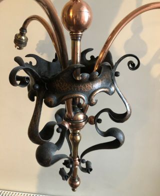 Art Nouveau Arts And Crafts Copper Three Arm Centre Light Lamp 3