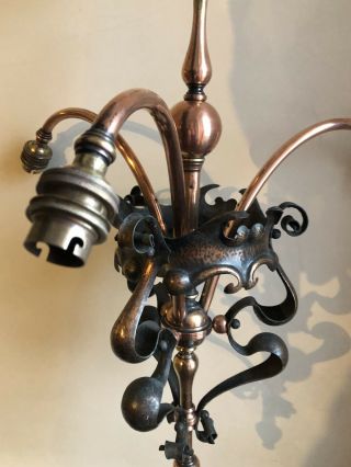 Art Nouveau Arts And Crafts Copper Three Arm Centre Light Lamp 6