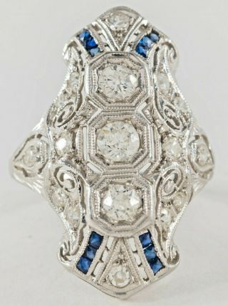 Antique Art Deco Platinum Diamond Sapphires Long Filigree Dinner Ring C1920