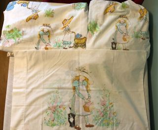 Vintage Holly Hobbie Double Fitted Flat Bed Sheet Set And 1 Pillow Case Pequot