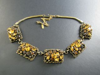 Vintage Barclay Gold Tone Amber Color Rhinestones Necklace (5m3) For Repair