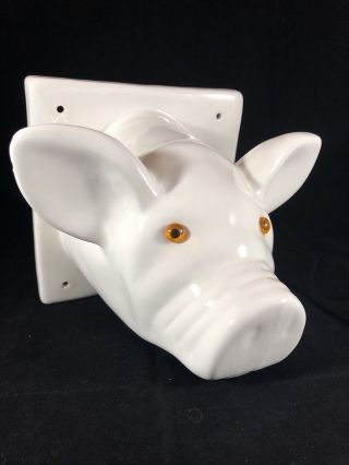 Vintage White Ceramic Pig Head Towel Apron Holder Wall Hooks With Glass Eyes