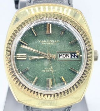 Vintage 1969 Green Crosshair Dial Caravelle Bulova 17j Swiss Automatic Watch